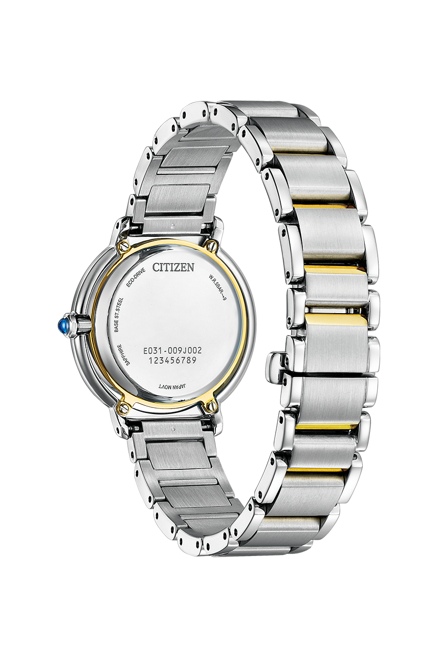 Citizen EM1104-83D mother-of-pearl dial ladies watch, official third view showing case profile and two-tone bracelet detail