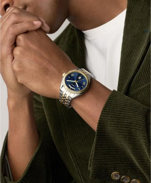 Fossil Three Hand Two Tone Stainless Steel Blue Dial Watch FS6141