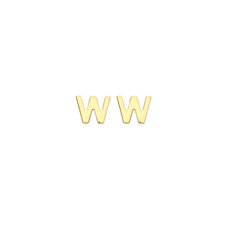 9K Yellow Gold Initial W Stud Earrings Stylish Personalized Gift