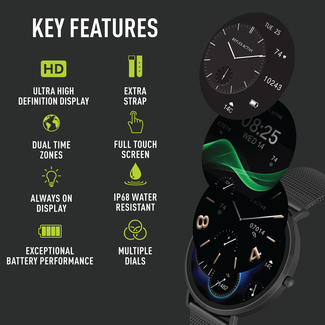 Reflex Active SERIES 42 AMOLED Ultra Slim Black Mesh + Grey Silicone Strap Smart Watch RA42-2208