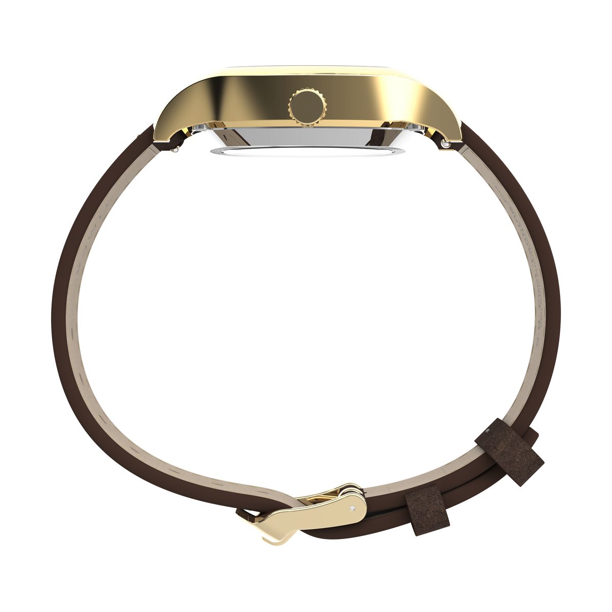Angled view of the Timex Marlin Tonneau TW2Y84500 gold-tone case over the black dial