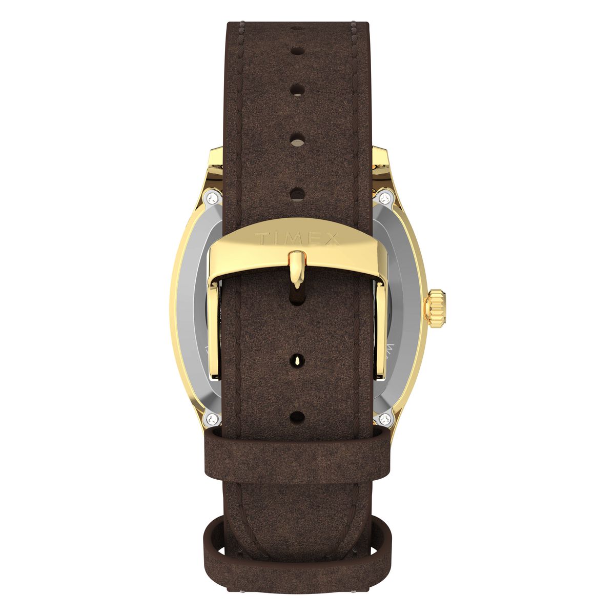 Side profile of the Timex Marlin Tonneau TW2Y84500 gold-tone cushion case and brown strap