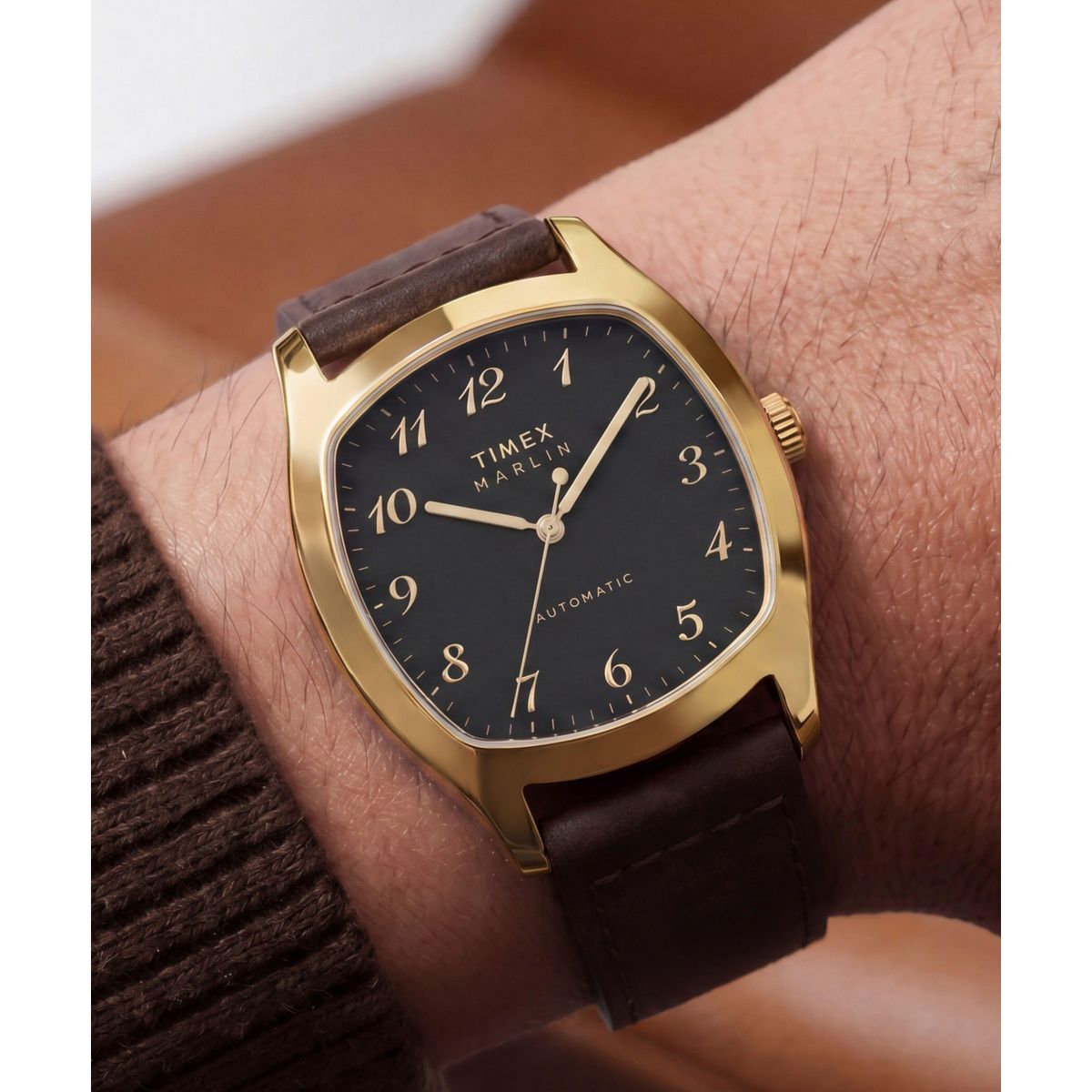 Exhibition case back of the Timex Marlin Tonneau TW2Y84500 with its brown leather strap
