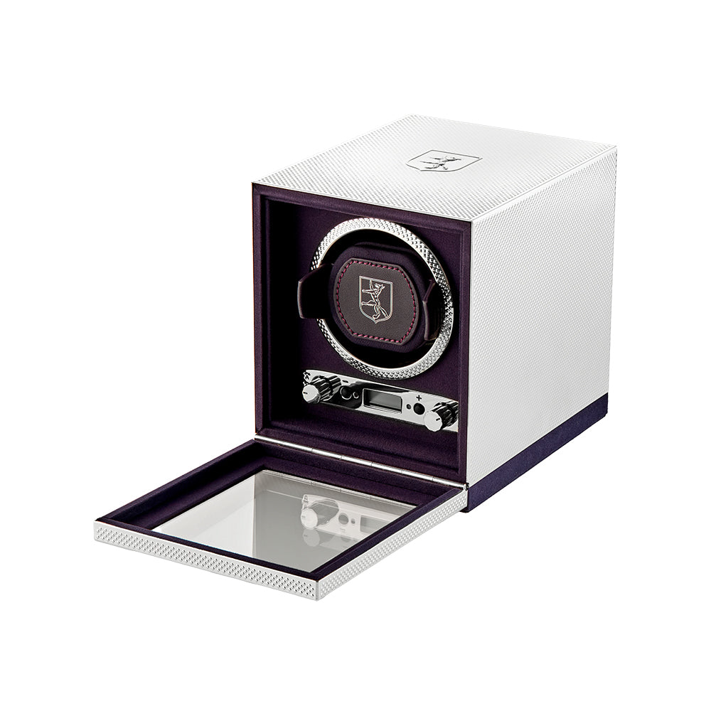 Wolf Silver Programmable Single Watch Winder 190003 in 999 silver with engraved 190th crest and purple interior.