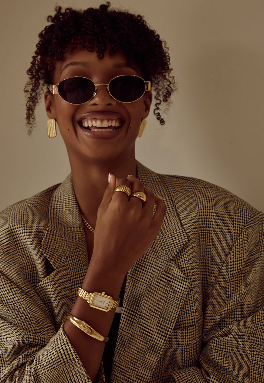 Cendré Demi gold bangle styled with a Cendré watch