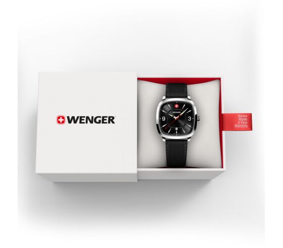 Wenger Vintage Sport 37mm Black Dial Leather Strap Watch 01.1921.107