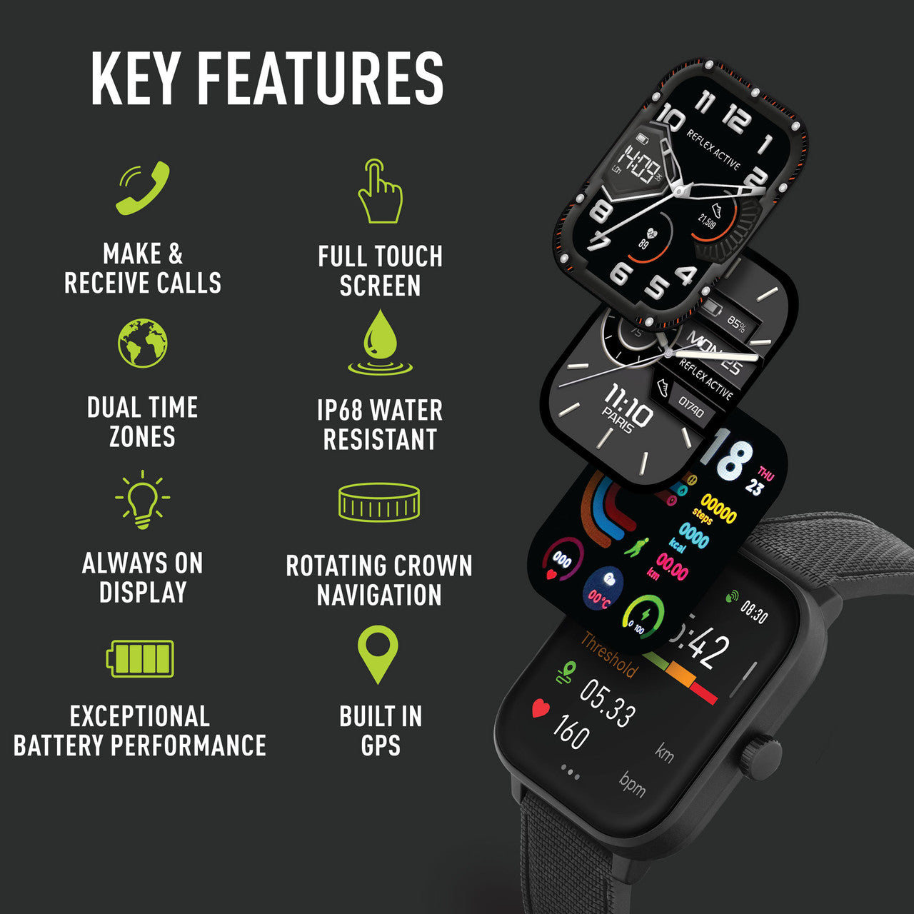 Reflex Active SERIES 44 AMOLED GPS Black Silicone Strap Smart Watch RA44-2216