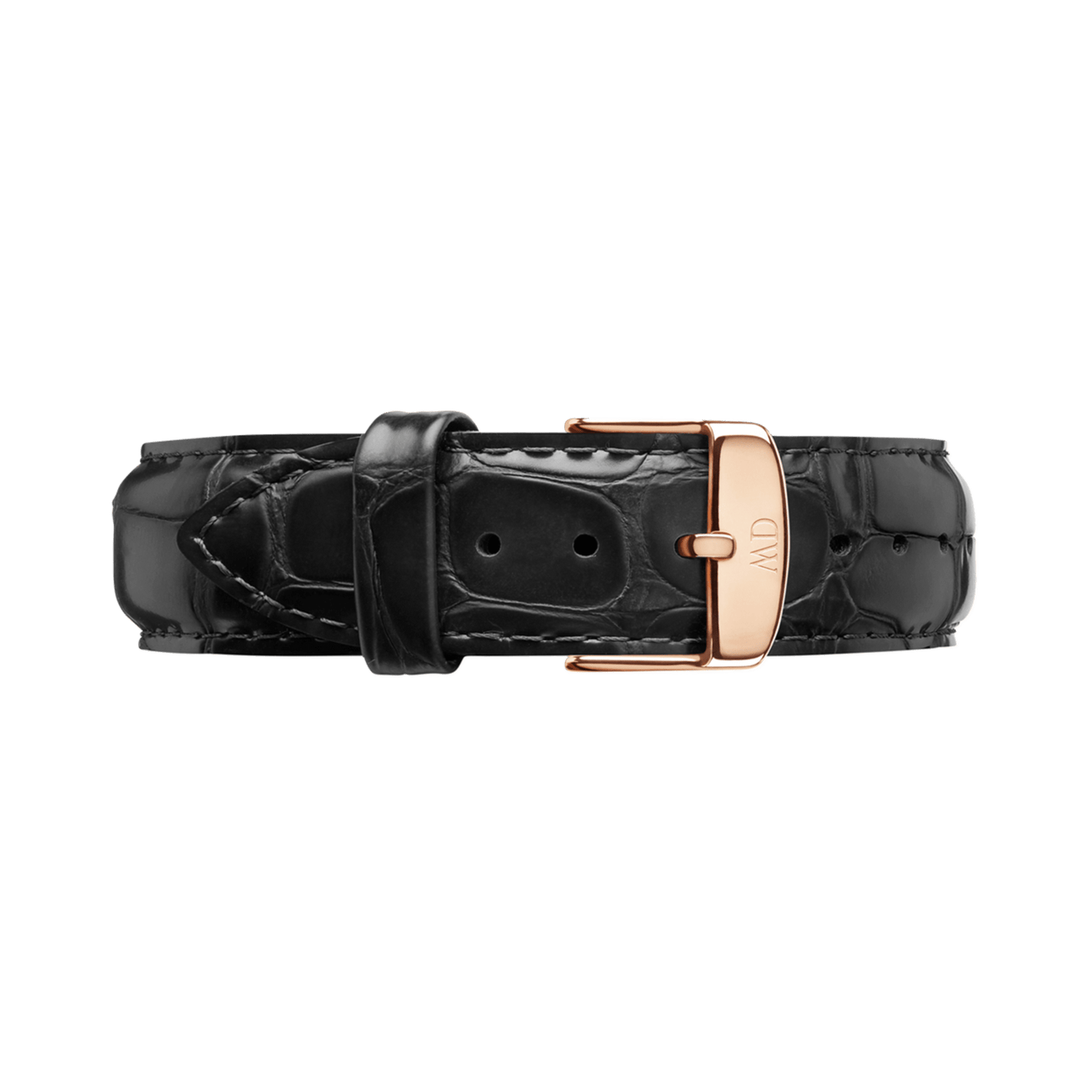 Black leather watch strap with a rose gold buckle.