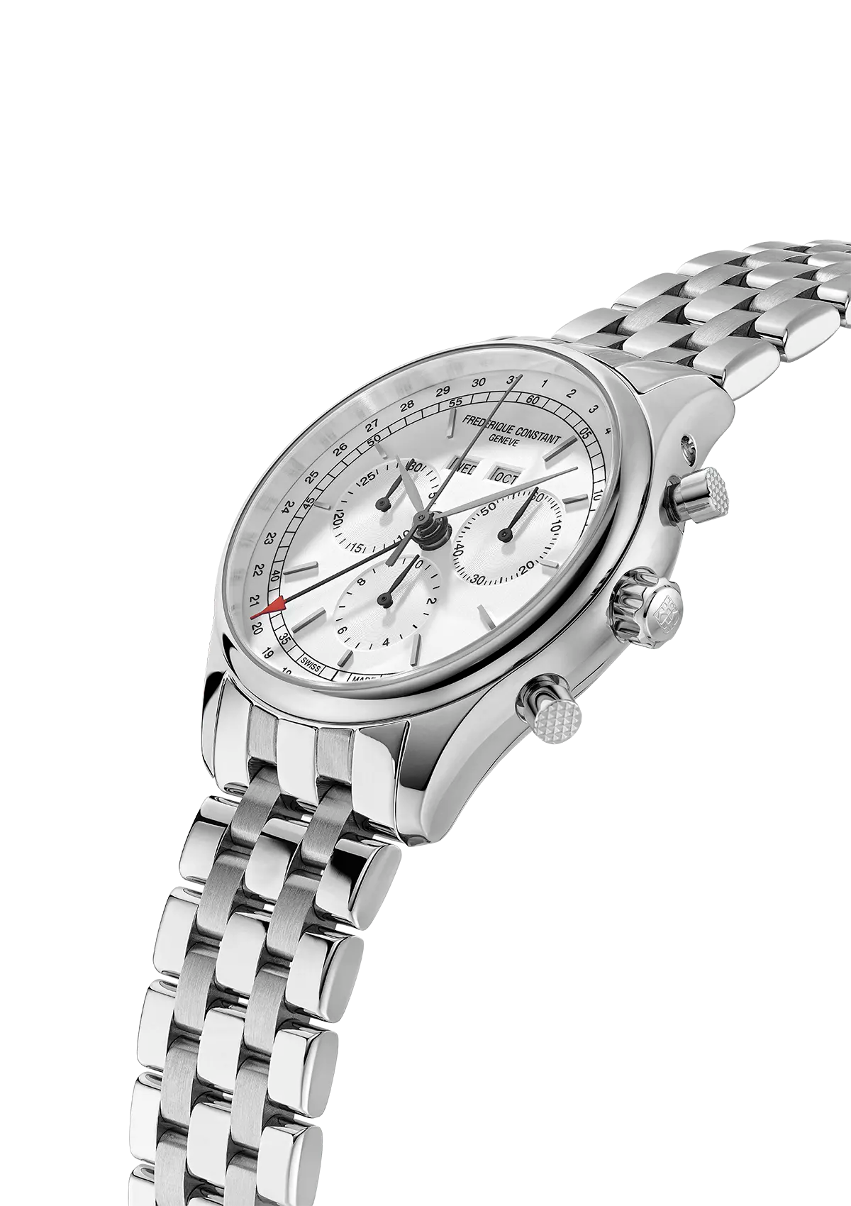 Stainless steel chronograph wristwatch with a white dial and metal bracelet.