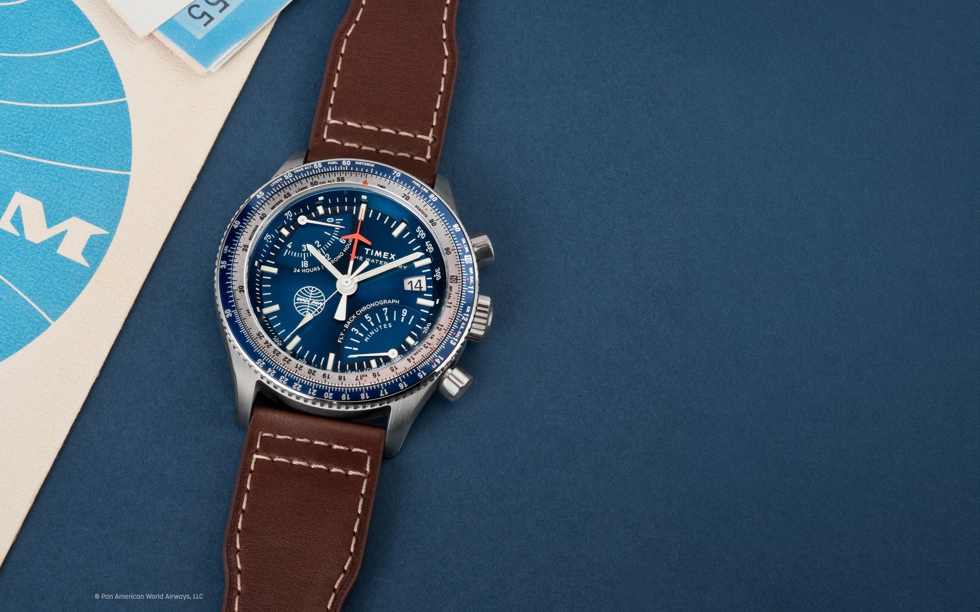 Timex Waterbury Fly Back Chronograph x Pan Am® Brown Leather Watch TW2W97200