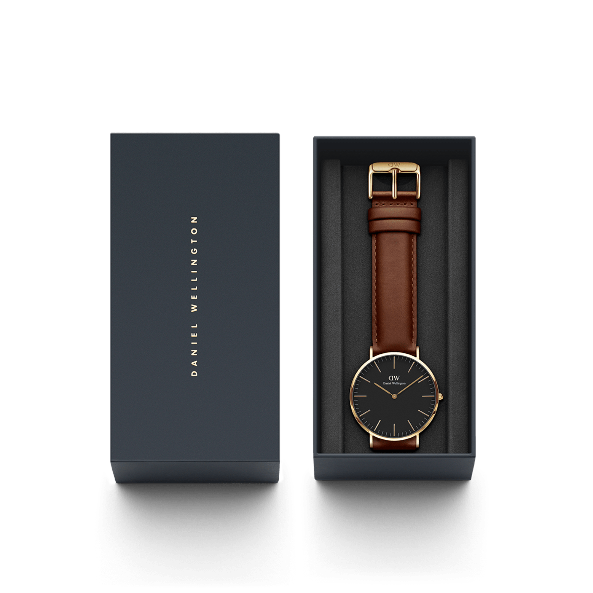 Elegant wristwatch with a brown leather strap and black face in a gift box.