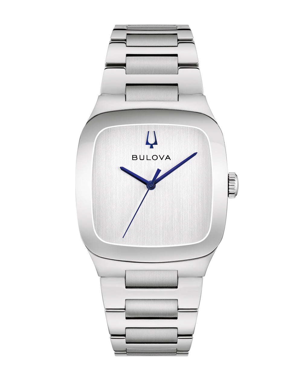 Bulova Millennia Latin GRAMMY 96A336 silver-white dial on a polished steel H-link bracelet, shown straight on.