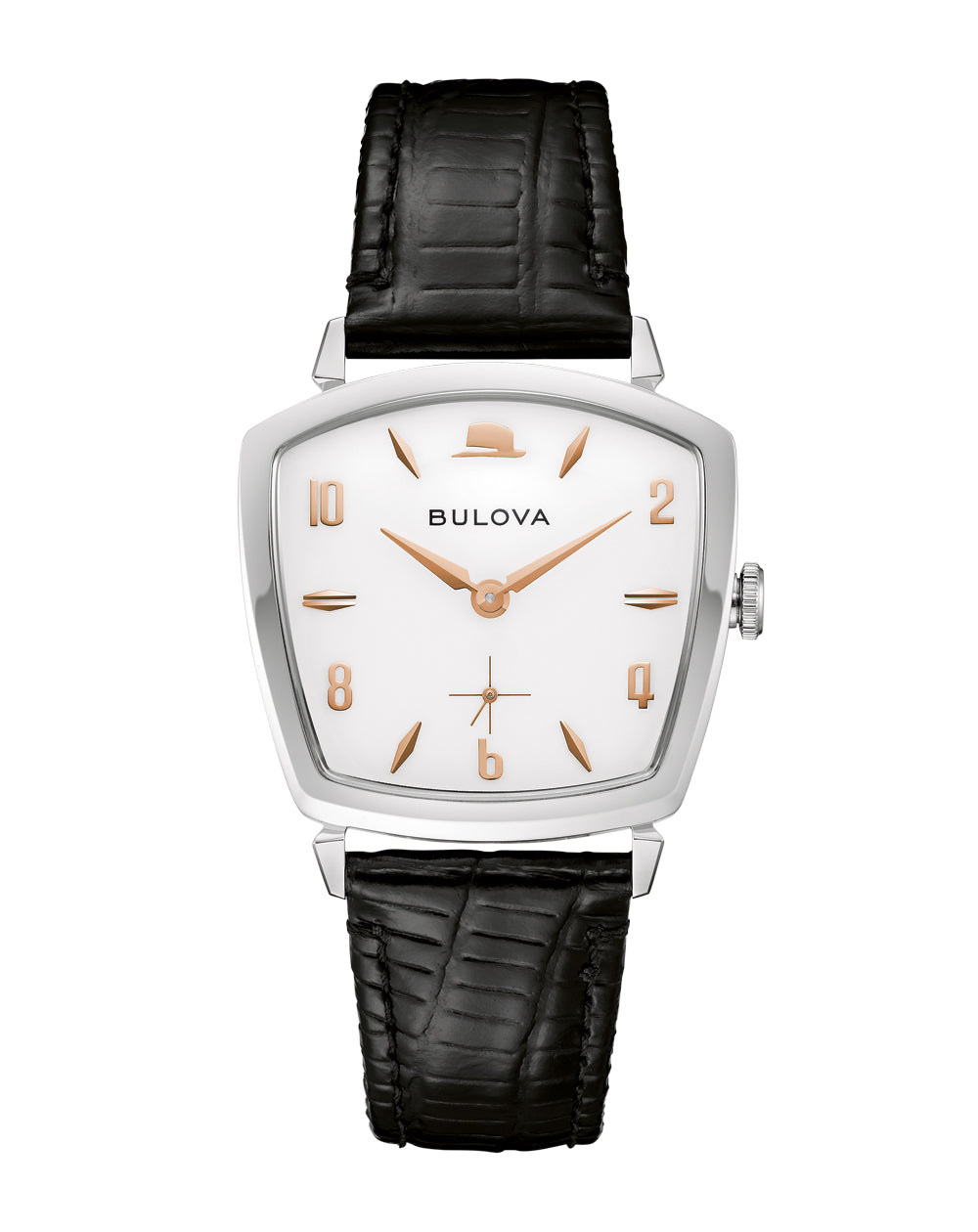 Bulova Frank Sinatra 96A337 glossy white dial on a black leather strap, shown straight on.