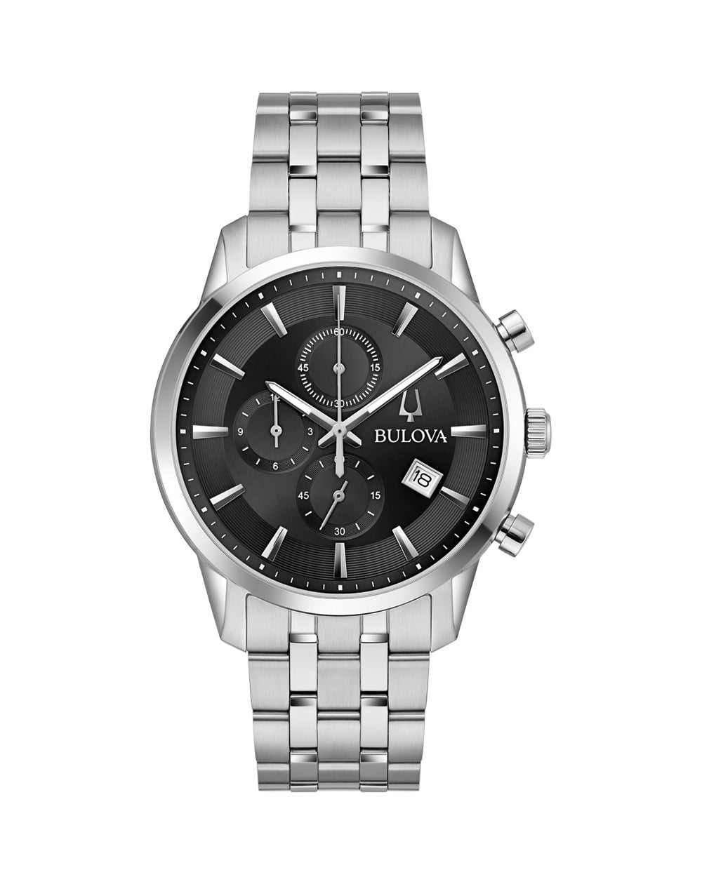 Stainless steel men’s chronograph wristwatch with a black dial and silver bracelet.