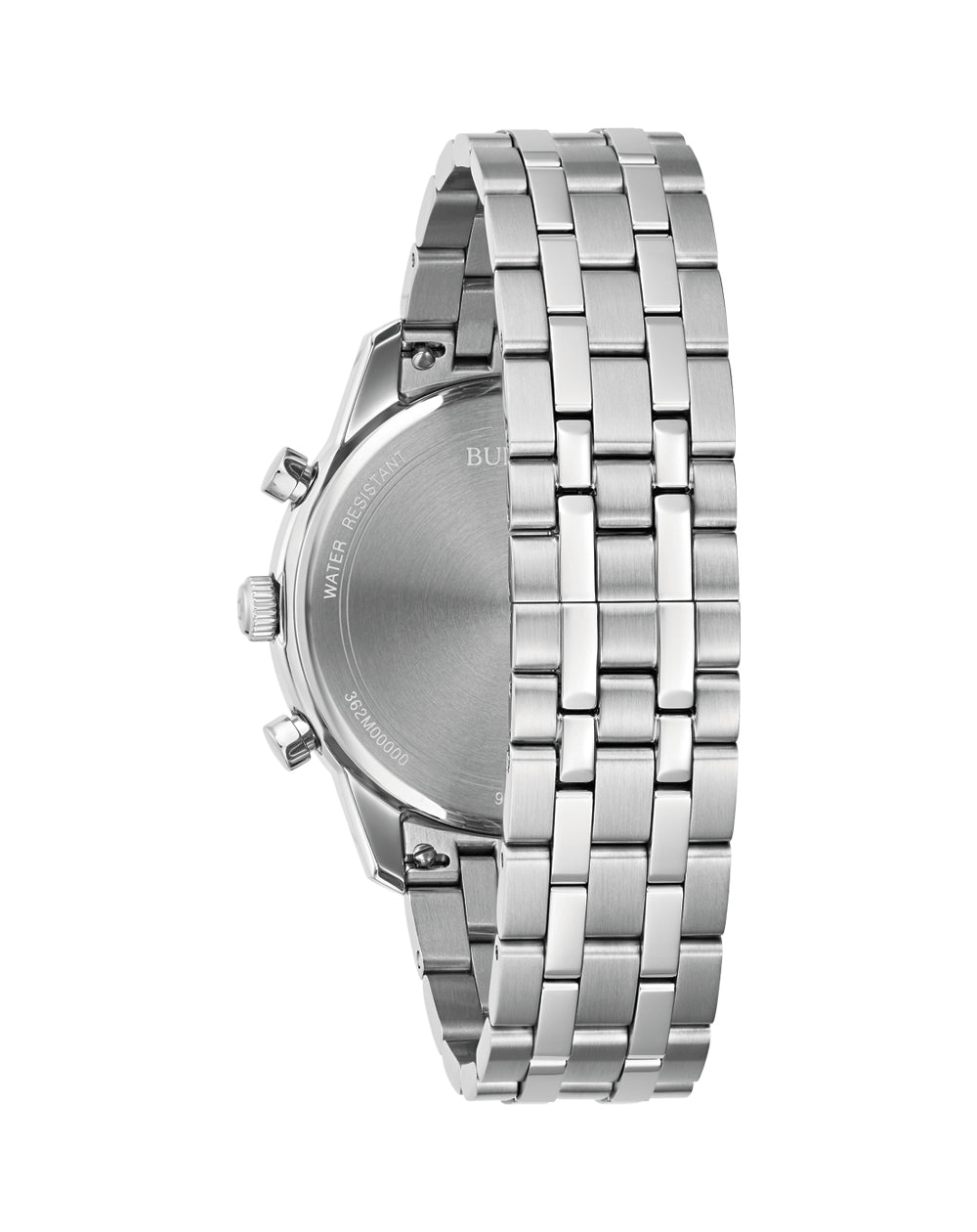Silver metal watch band with interlocking links.
