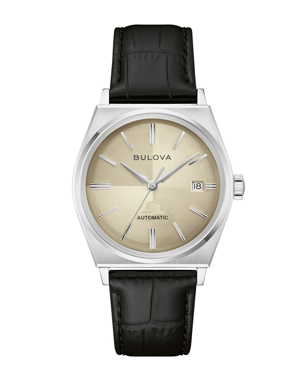 Bulova Frank Sinatra 96B483 beige linen dial on a black alligator-pattern leather strap, shown straight on.