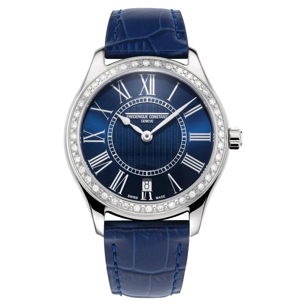 Frederique Constant Classics Diamond Bezel Blue Dial and Leather Band Ladies FC-220MN3BD6