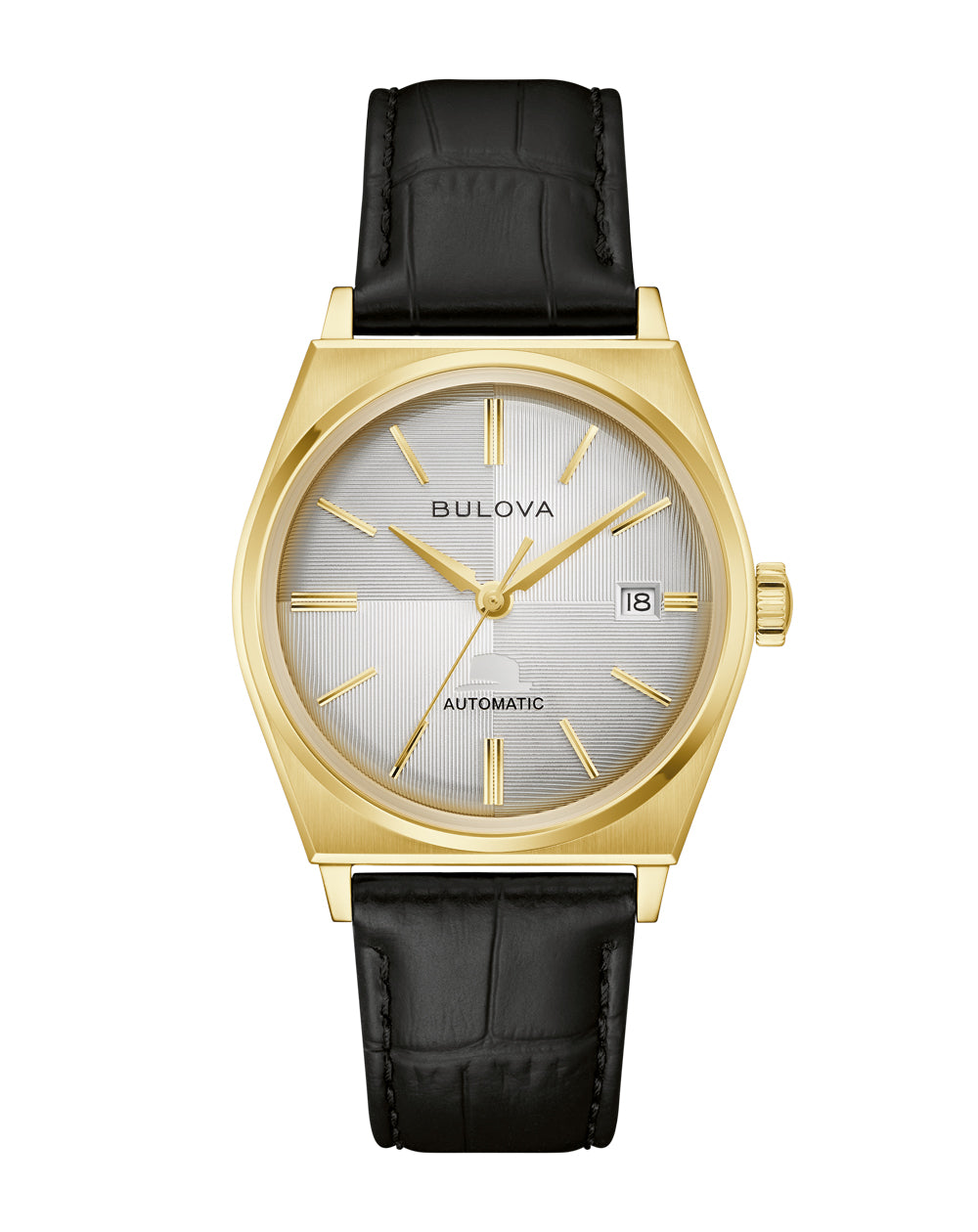 Bulova Frank Sinatra 97B243 silver-tone dial in a gold-tone case on a black leather strap, shown straight on.