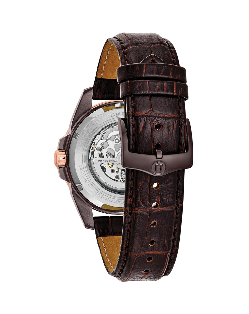 Wristwatch with a brown leather strap and visible mechanical movement through the transparent case back.