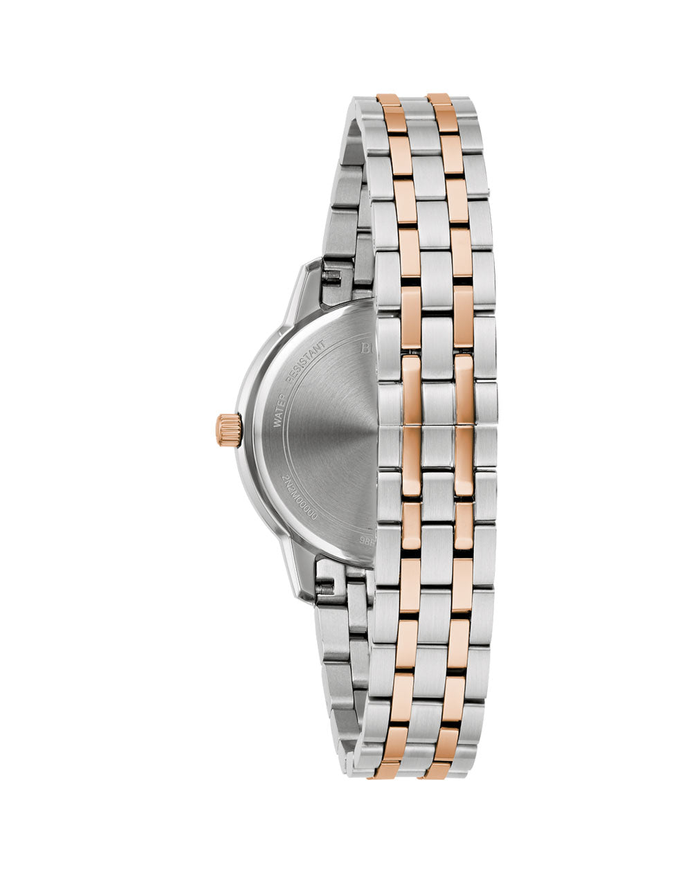 Back view of Bulova Ladies Classic Two-Tone Quartz Watch with Mother-of-Pearl Dial 98P213 showcasing bracelet.