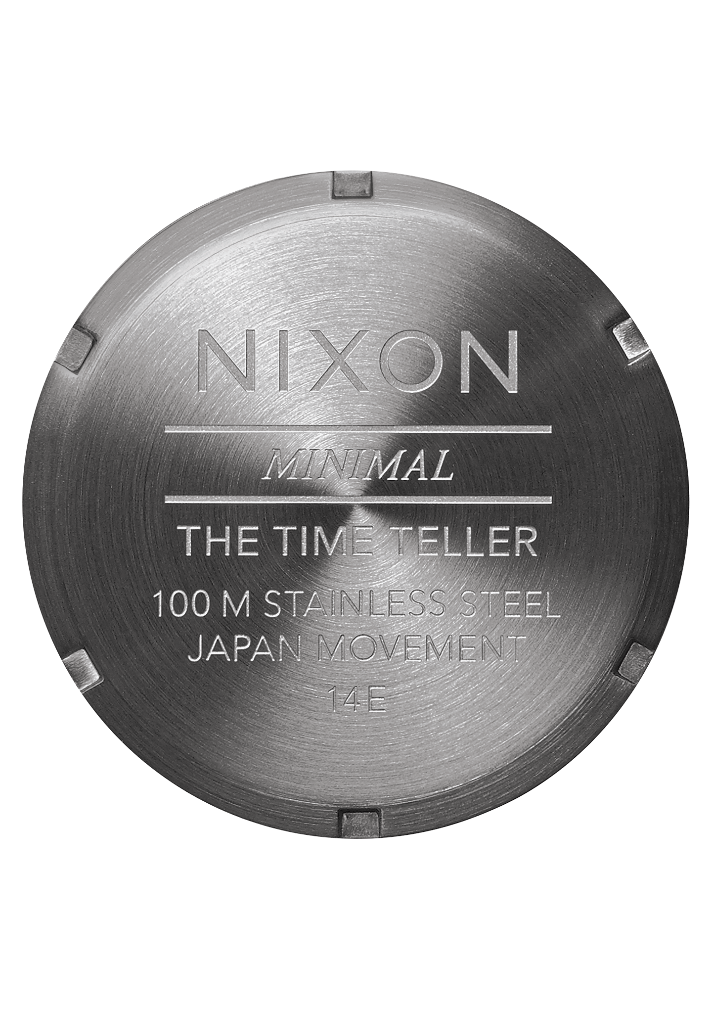 Circular stainless steel watch case back with engraved text for a Nixon ’Time Teller’ model.