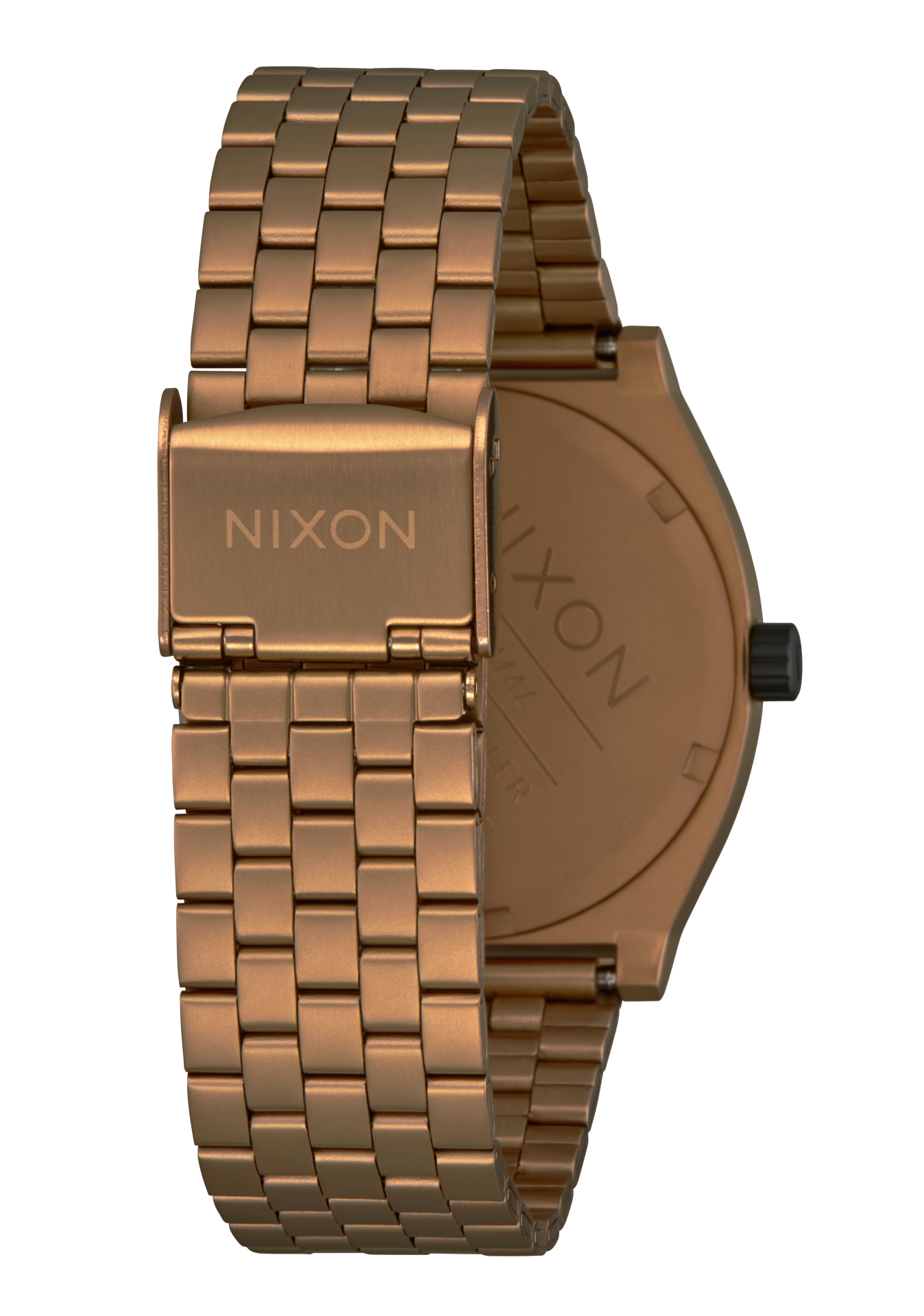 Bronze-colored wristwatch with a metal link band and Nixon branding.