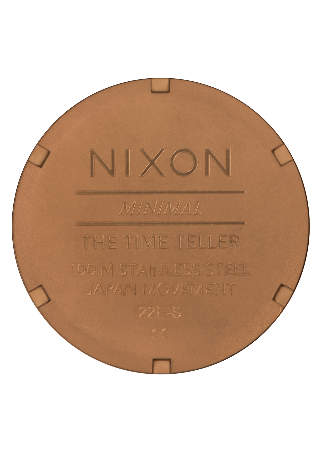 Circular copper-colored watch case back with engraved text.
