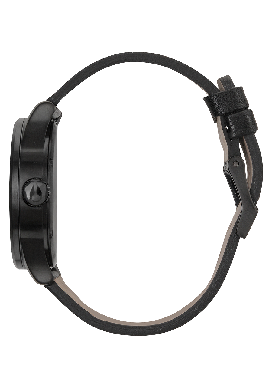 Black wristwatch with a round face and adjustable strap.