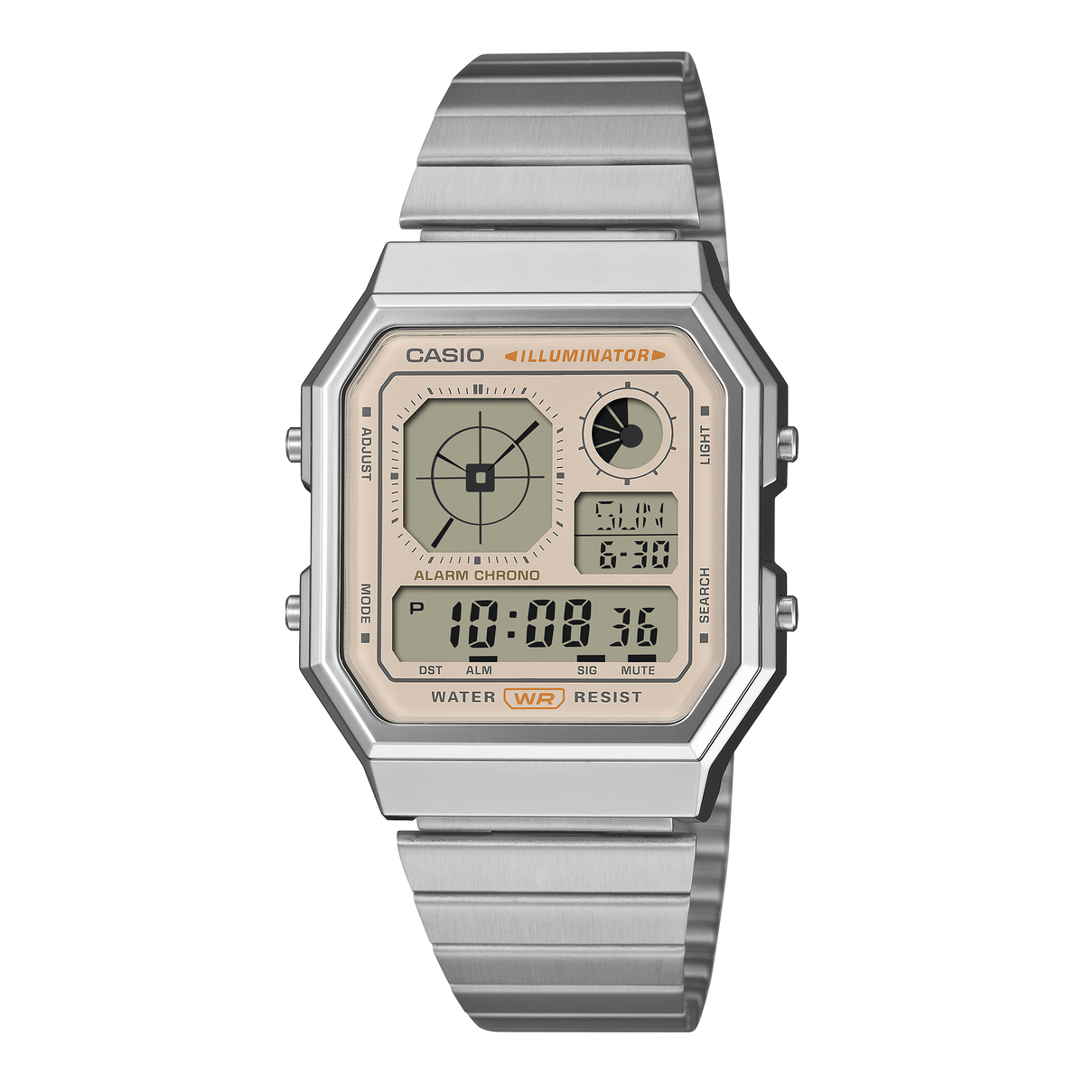 Casio Vintage A130WE-9A cream digital watch on a stainless steel bracelet, shown straight on.