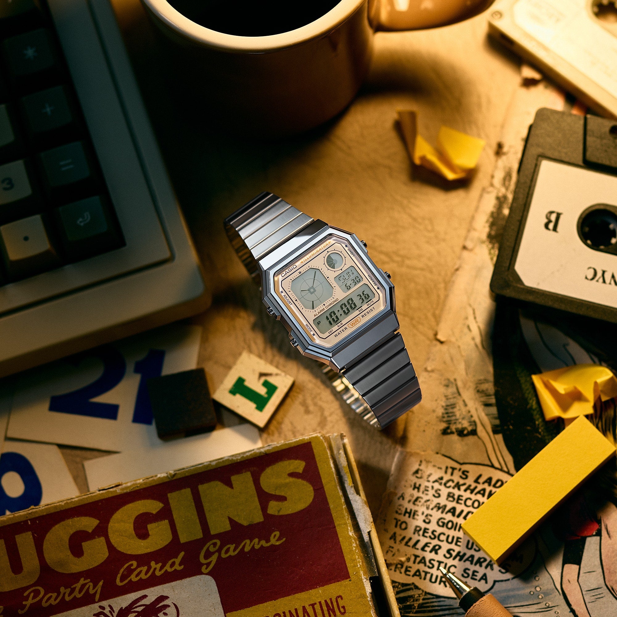 Casio Vintage A130WE-9A cream digital display, detail view.