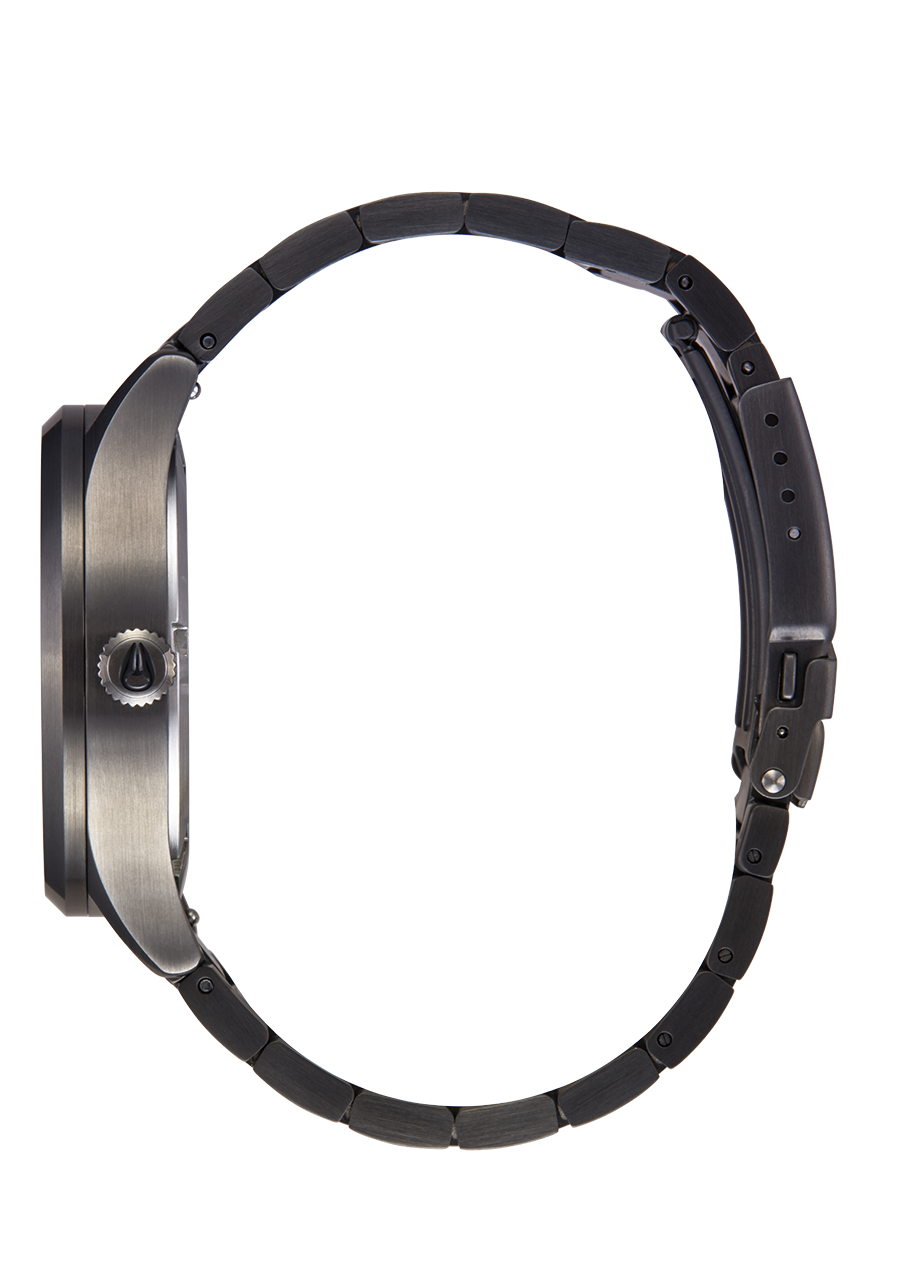 Sleek smartwatch with a round metallic face and black band.