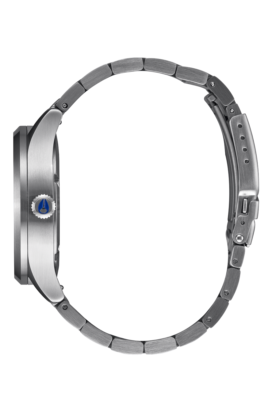 Sleek silver wristwatch with a metallic band and blue accent on the crown.