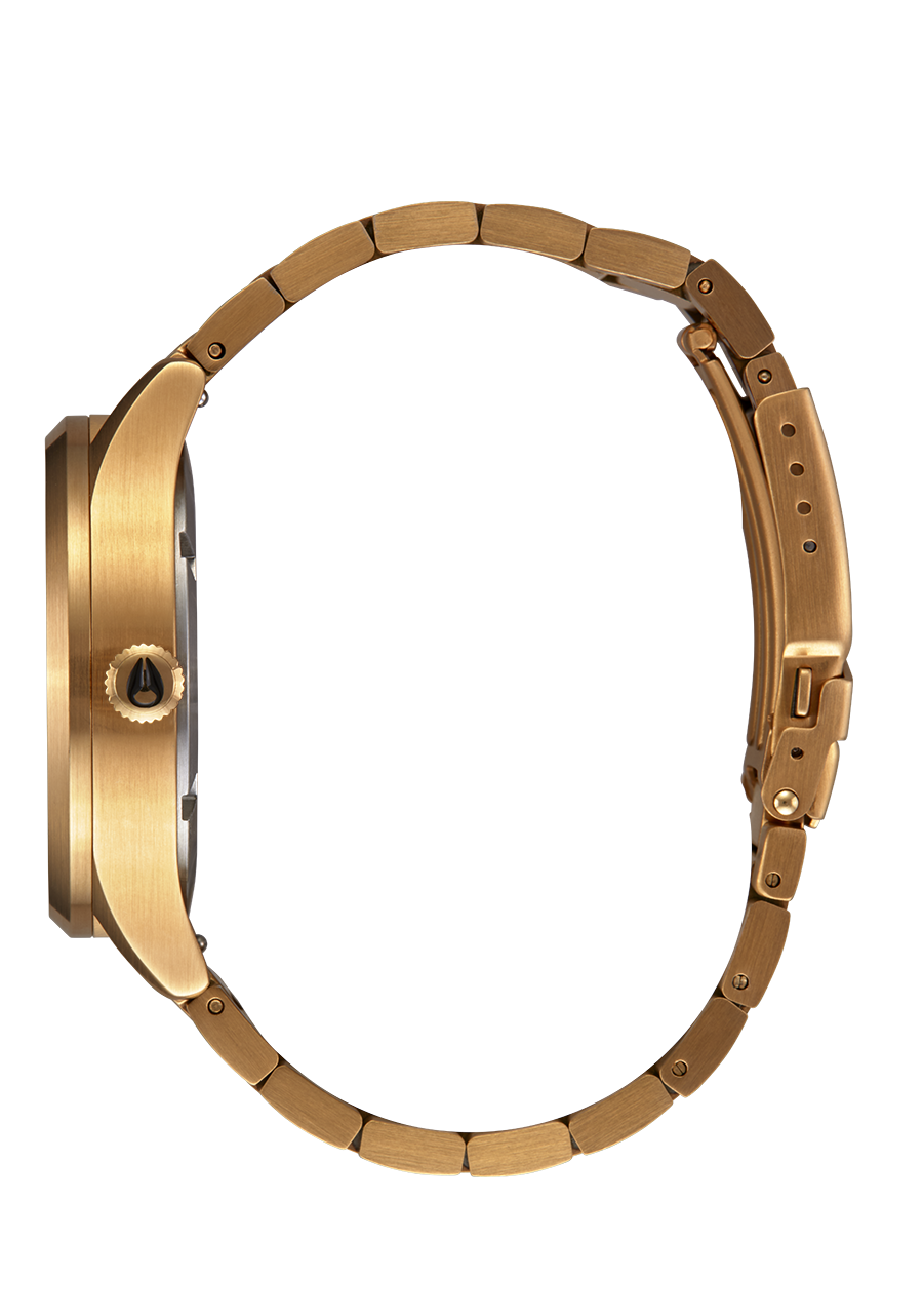 Gold-toned wristwatch with a metal band and circular face.
