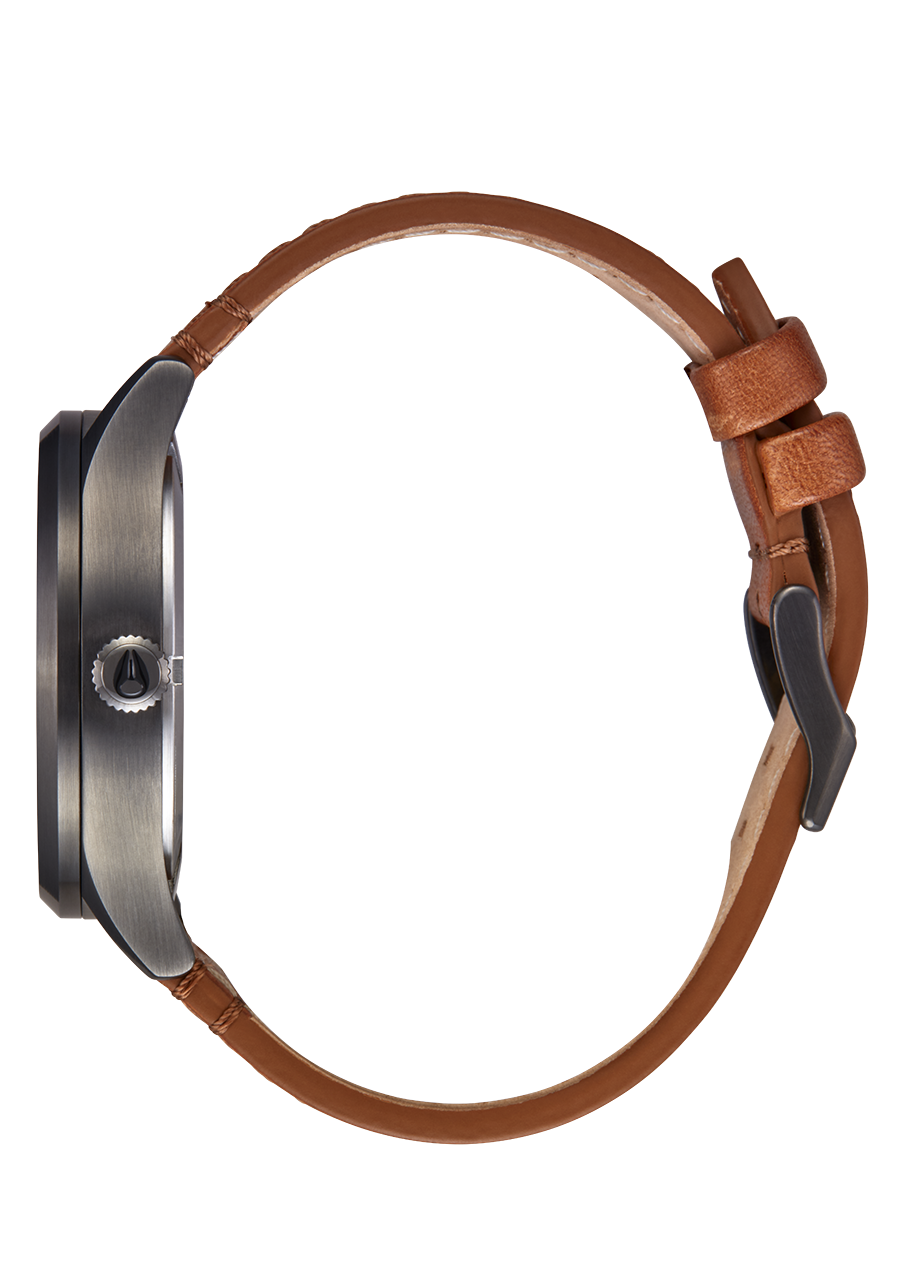 Wristwatch with a brown leather strap and dark round face.