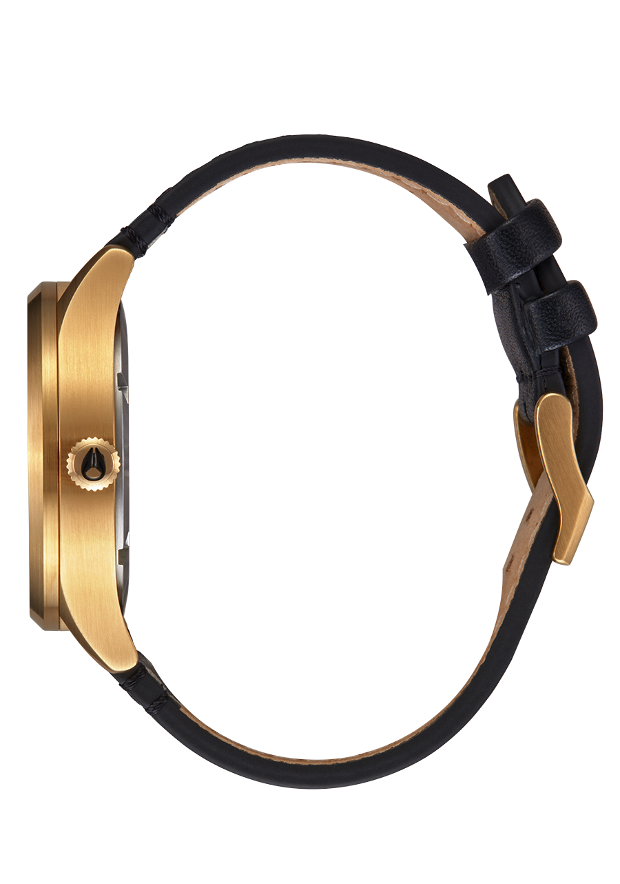 Gold-toned wristwatch with a black leather strap.