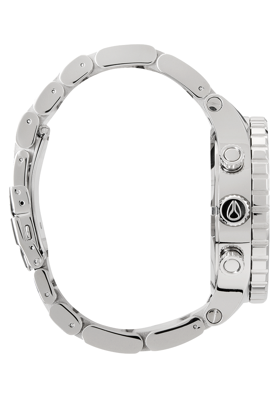 Silver wristwatch with a circular face and metal link bracelet.
