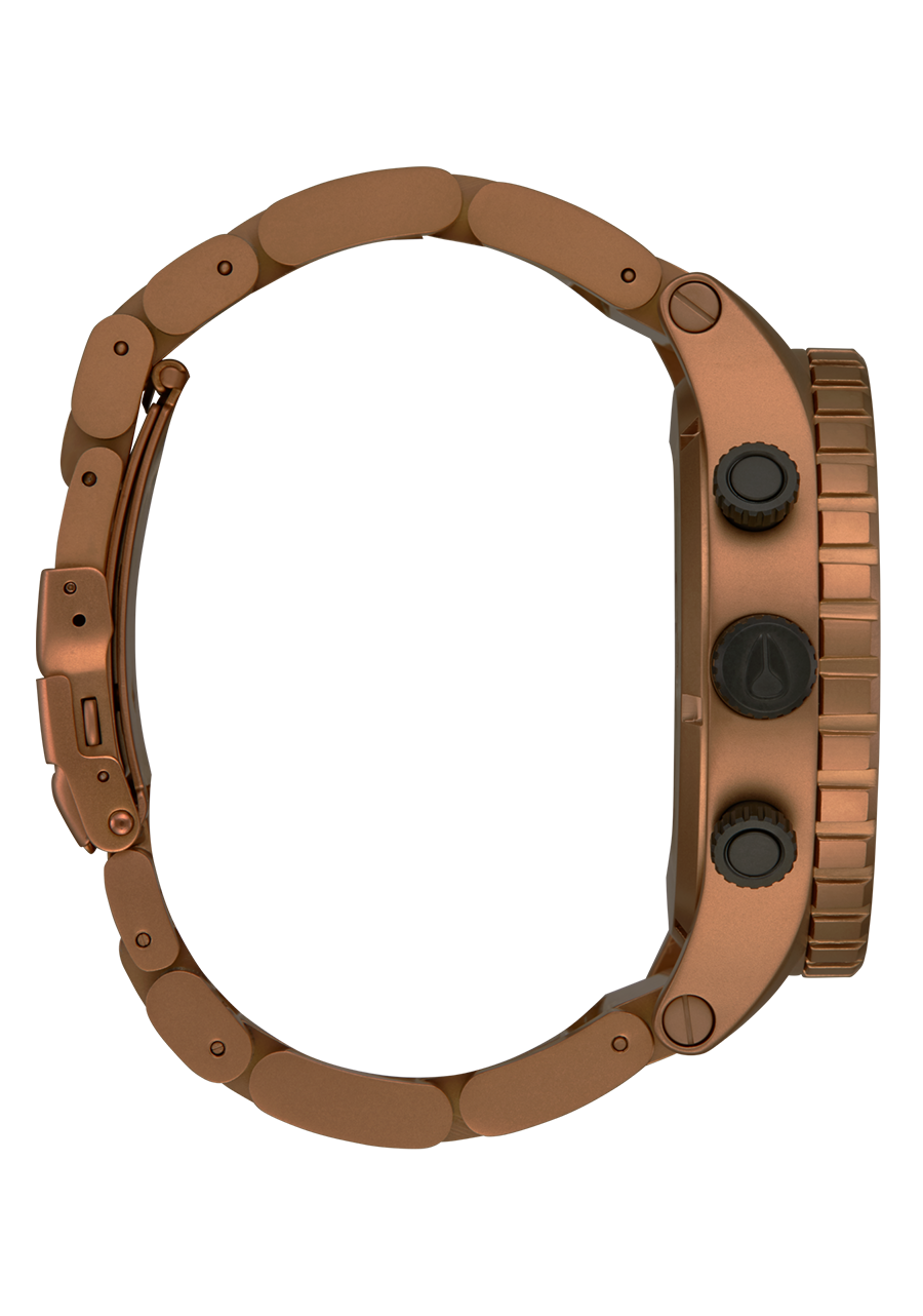 Copper-colored wristwatch with a chronograph design and metal bracelet.