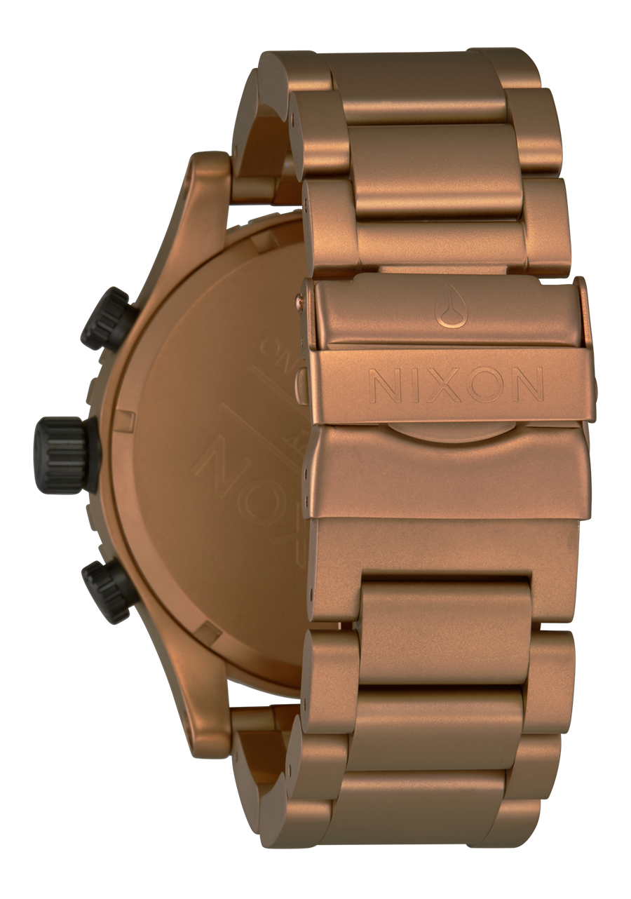 Rose gold-toned wristwatch with a metal bracelet and chronograph features.