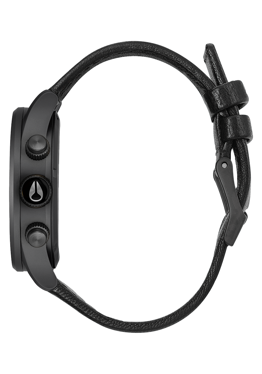 Black smartwatch with a round face and leather strap.