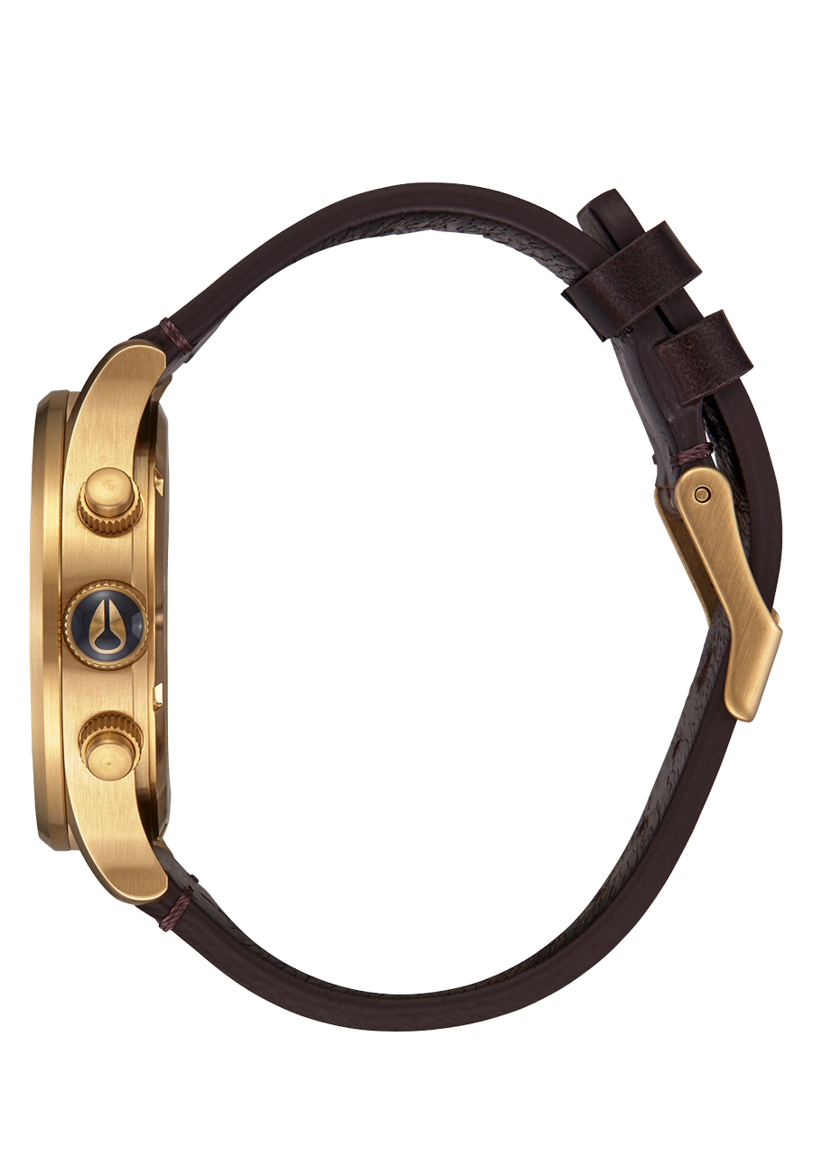 Gold-toned wristwatch with a brown leather strap.