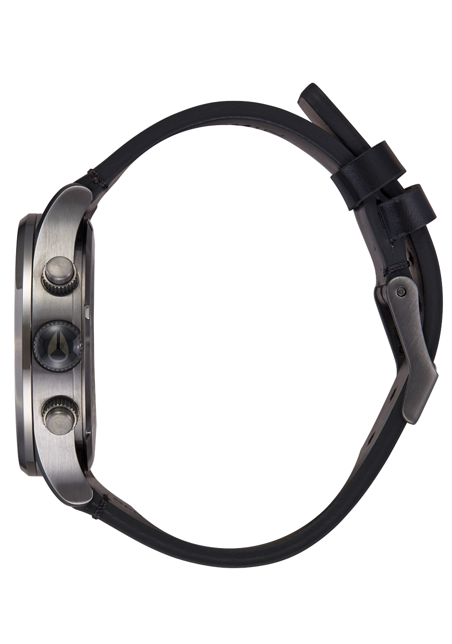 Wristwatch with a black band and metallic case viewed from the side.