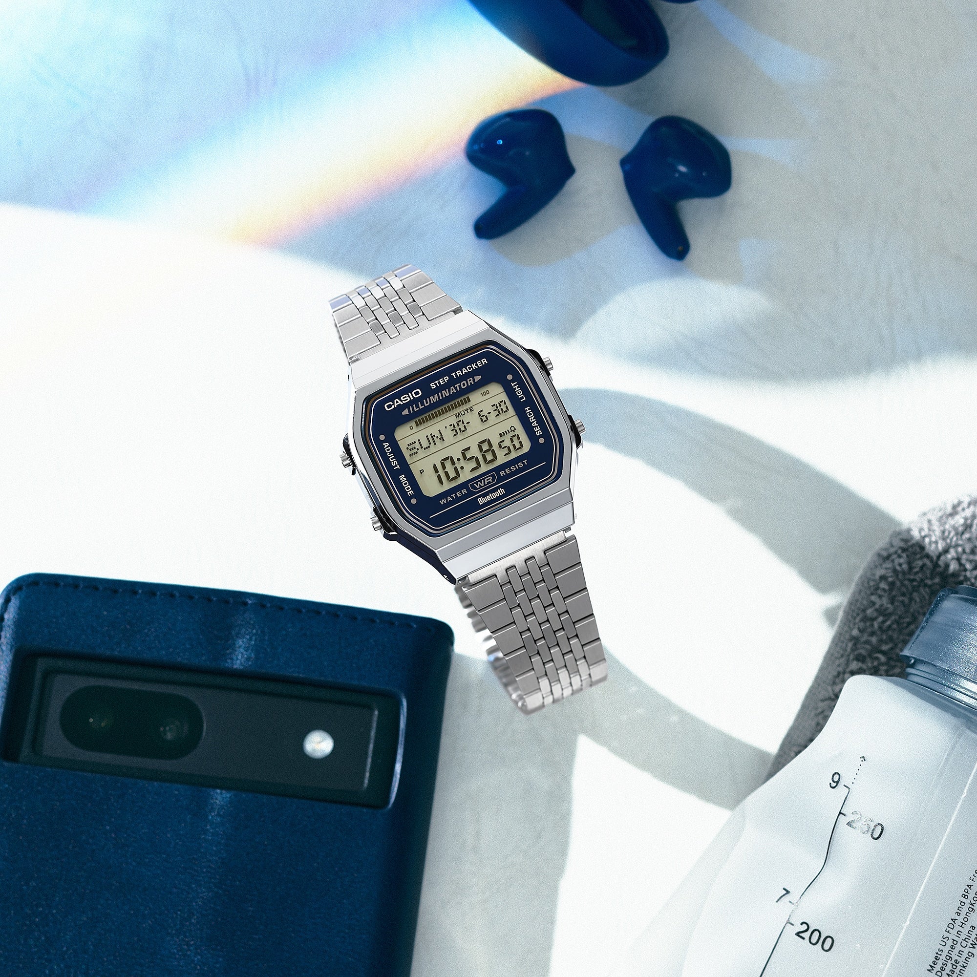 Casio Vintage Steps ABL100WE-2A blue digital display, detail view.