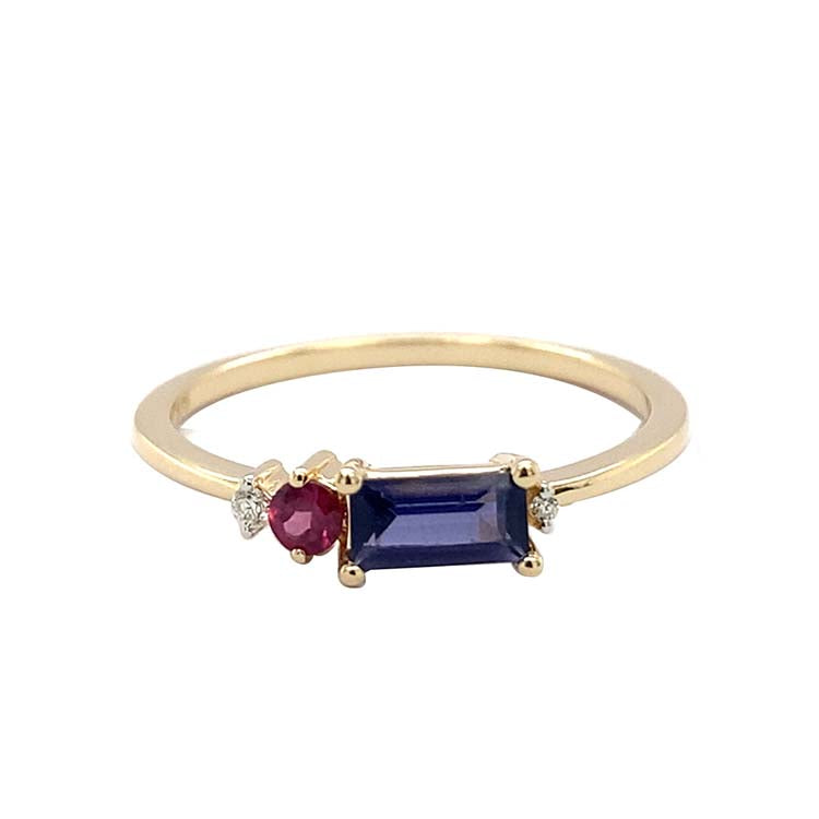 Diamond, Iolite, Rhodolite Ring with 0.02ct Diamond in 9K Yellow Gold