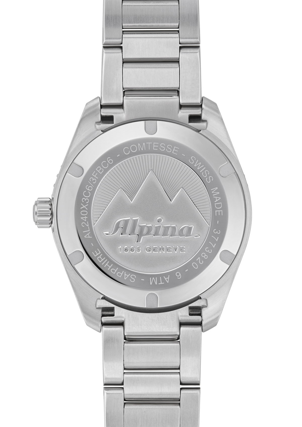 Stainless steel wristwatch with ’Alpina’ branding on its caseback.