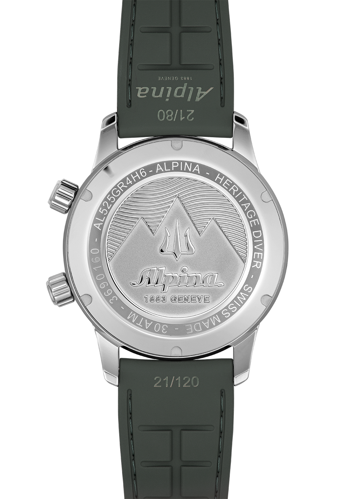 Back of a wristwatch with an engraved metal case and green rubber strap.