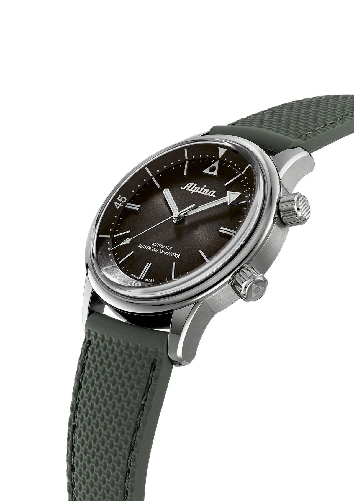 Wristwatch with a black dial and green textured strap.