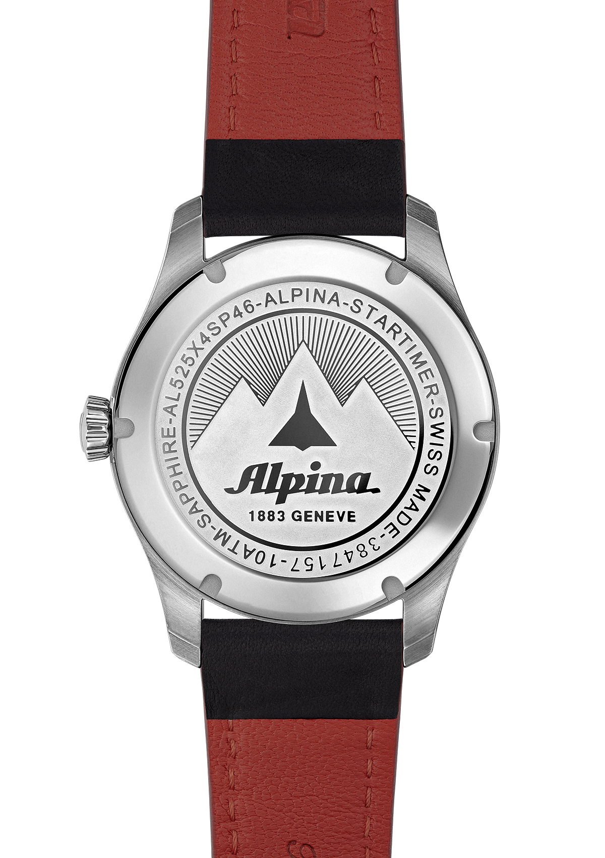 Wristwatch with a red and black leather strap and an Alpina logo on its back.