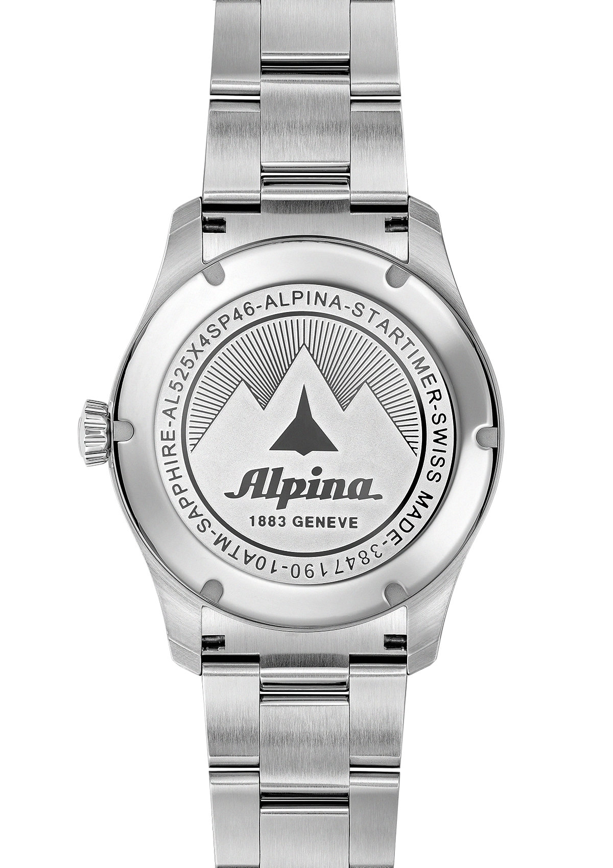Silver wristwatch with an Alpina logo engraved on its back case.