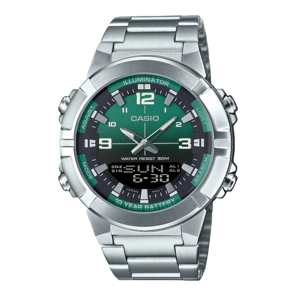 Casio Analog Digital Combination Green Dial Stainless Steel Watch AMW870DA-3A