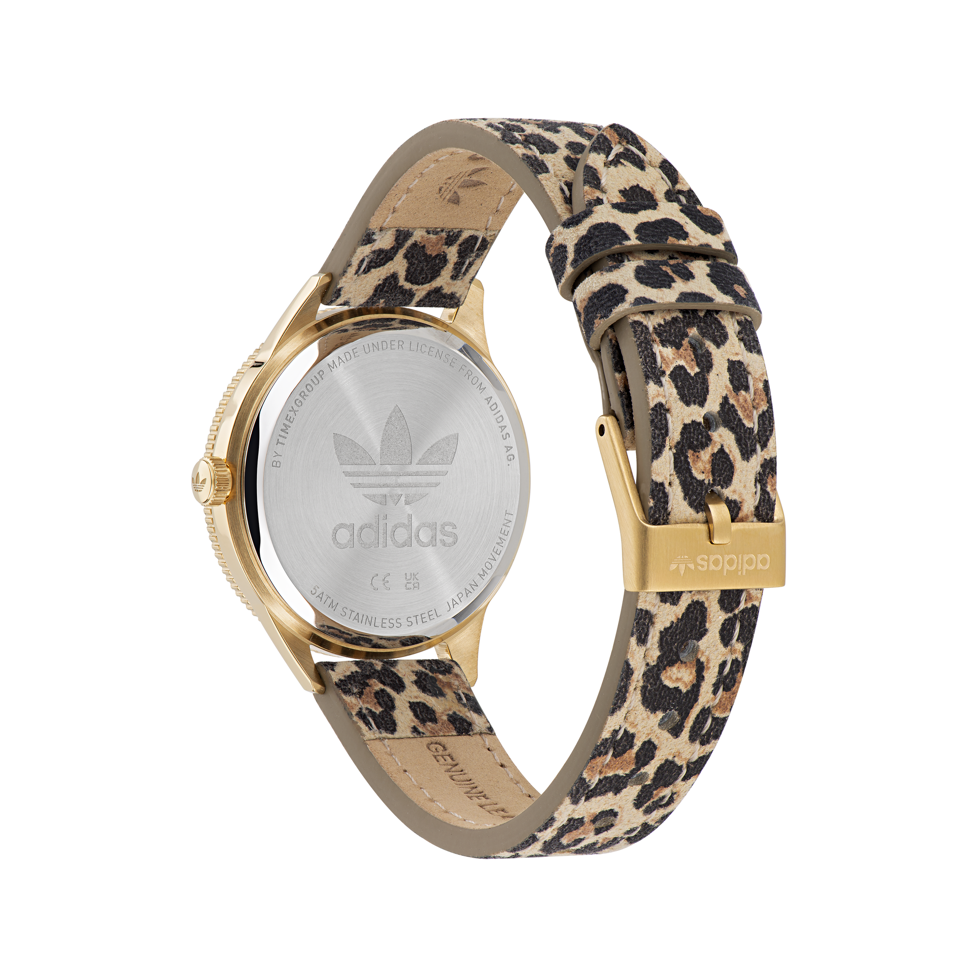 Wristwatch with a leopard print strap and gold-tone case.